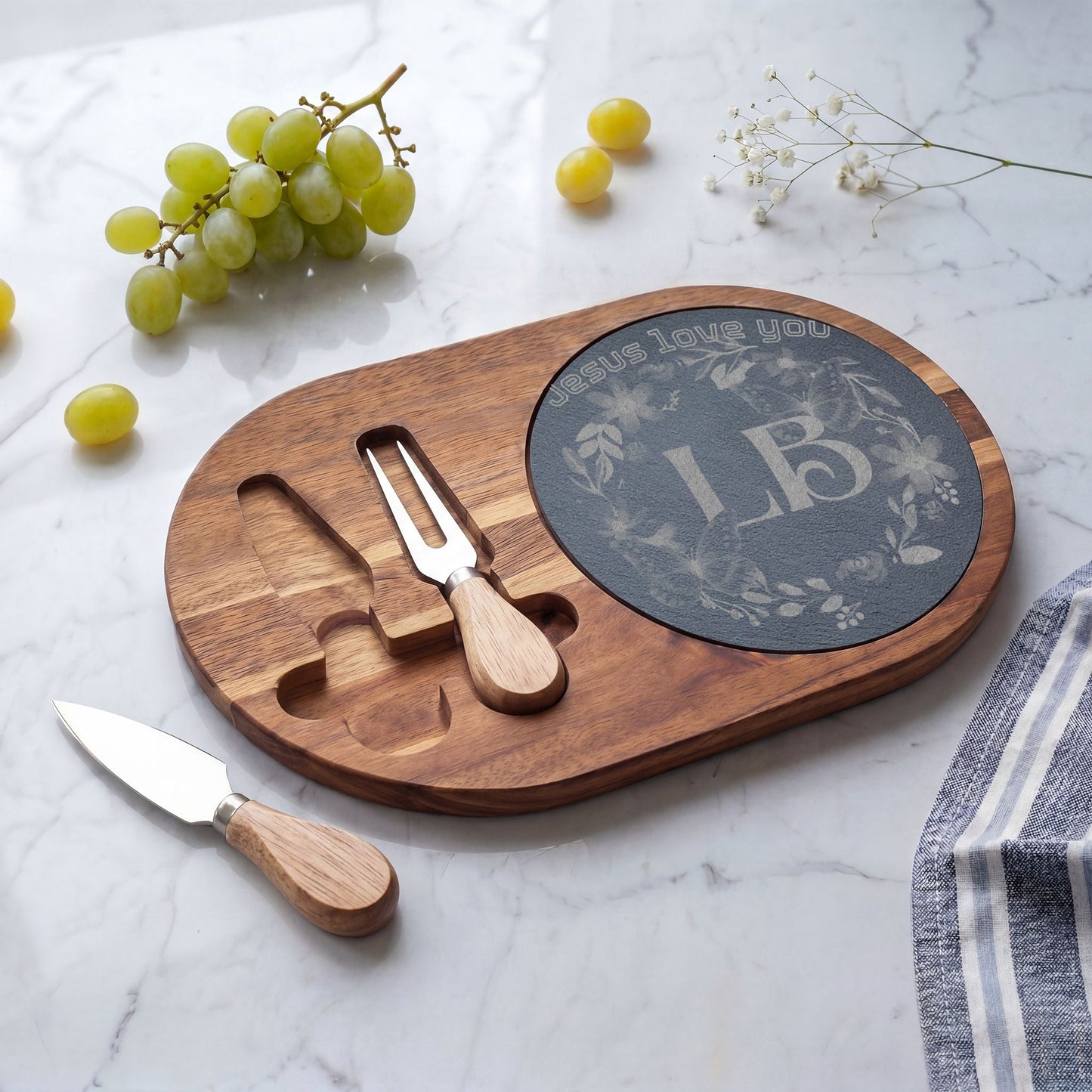 Engraved Charcuterie Board with Slate Inlay – 'Jesus Love You' Floral Monogram Cheese Set