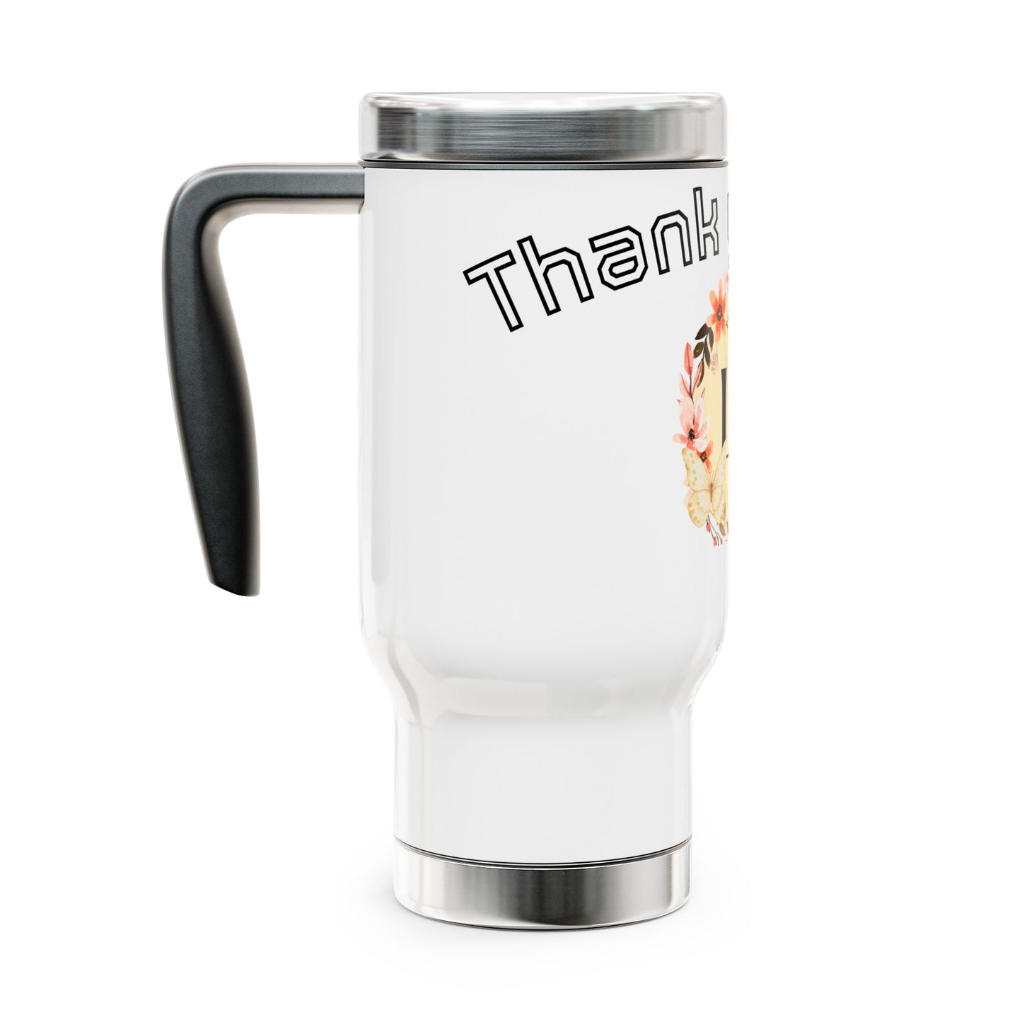 Personalized Floral Monogram Travel Mug – 'Thank You' 14oz Stainless Steel with Handle