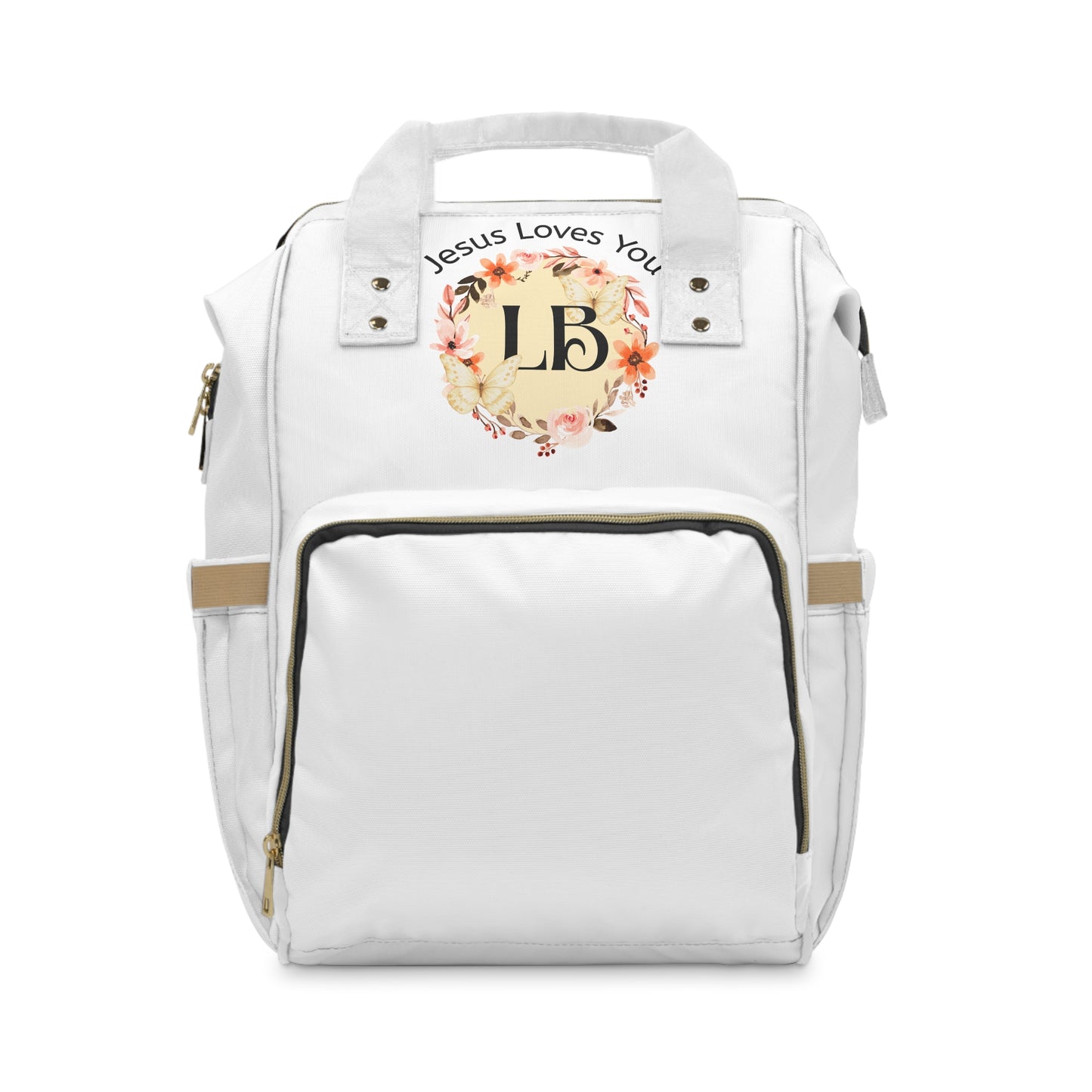 Jesus Loves You Floral Monogram Diaper Backpack