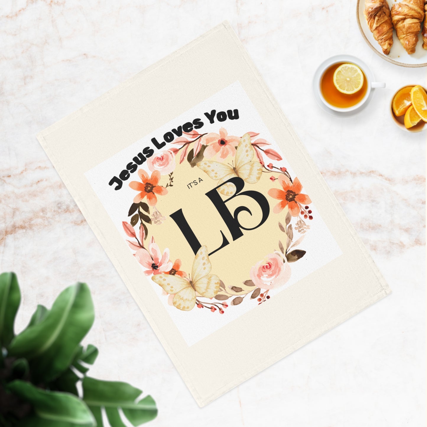 Floral "Jesus Loves You" Monogram Tea Towel — Personalized Initial Kitchen Towel
