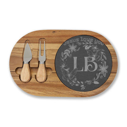 Engraved Charcuterie Board with Slate Inlay – 'Jesus Love You' Floral Monogram Cheese Set