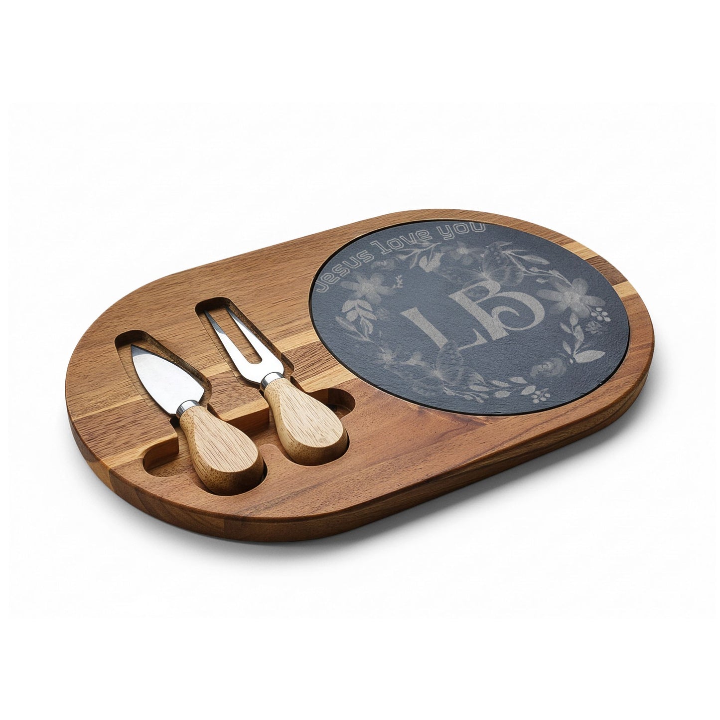 Engraved Charcuterie Board with Slate Inlay – 'Jesus Love You' Floral Monogram Cheese Set