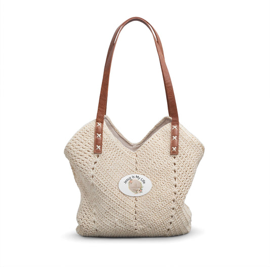 Crochet Straw Shoulder Bag — Boho Beach Tote with Leather Straps
