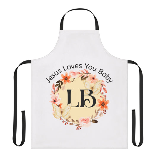 Jesus Loves You Baby Floral Apron — Personalized LB Monogram Kitchen Apron
