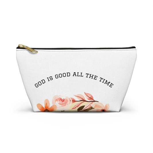 Floral Scripture Accessory Pouch — "God Is Good All The Time" T‑Bottom Makeup Bag