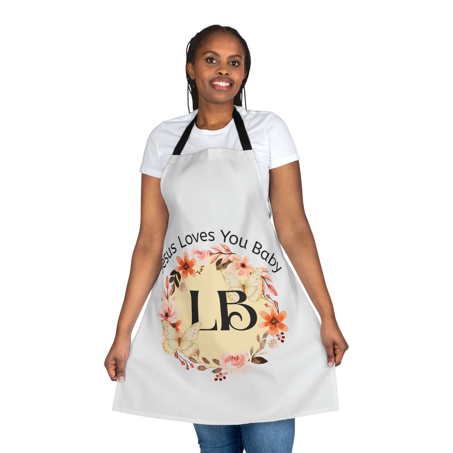 Jesus Loves You Baby Floral Apron — Personalized LB Monogram Kitchen Apron