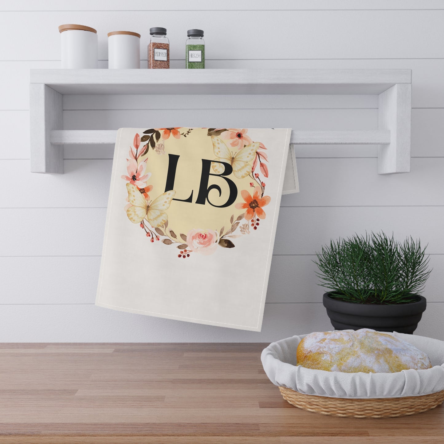 Monogram Floral Tea Towel — "God Love You" Butterfly Kitchen Towel