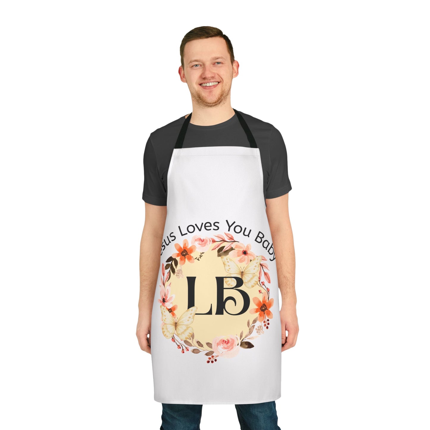 Jesus Loves You Baby Floral Apron — Personalized LB Monogram Kitchen Apron