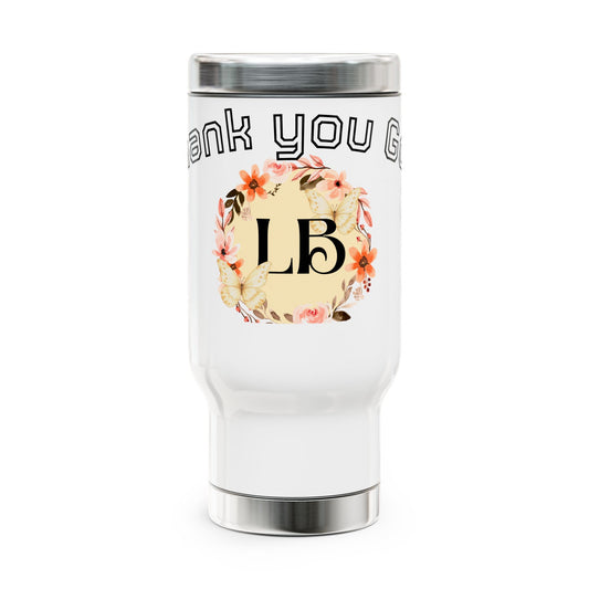 Personalized Floral Monogram Travel Mug – 'Thank You' 14oz Stainless Steel with Handle